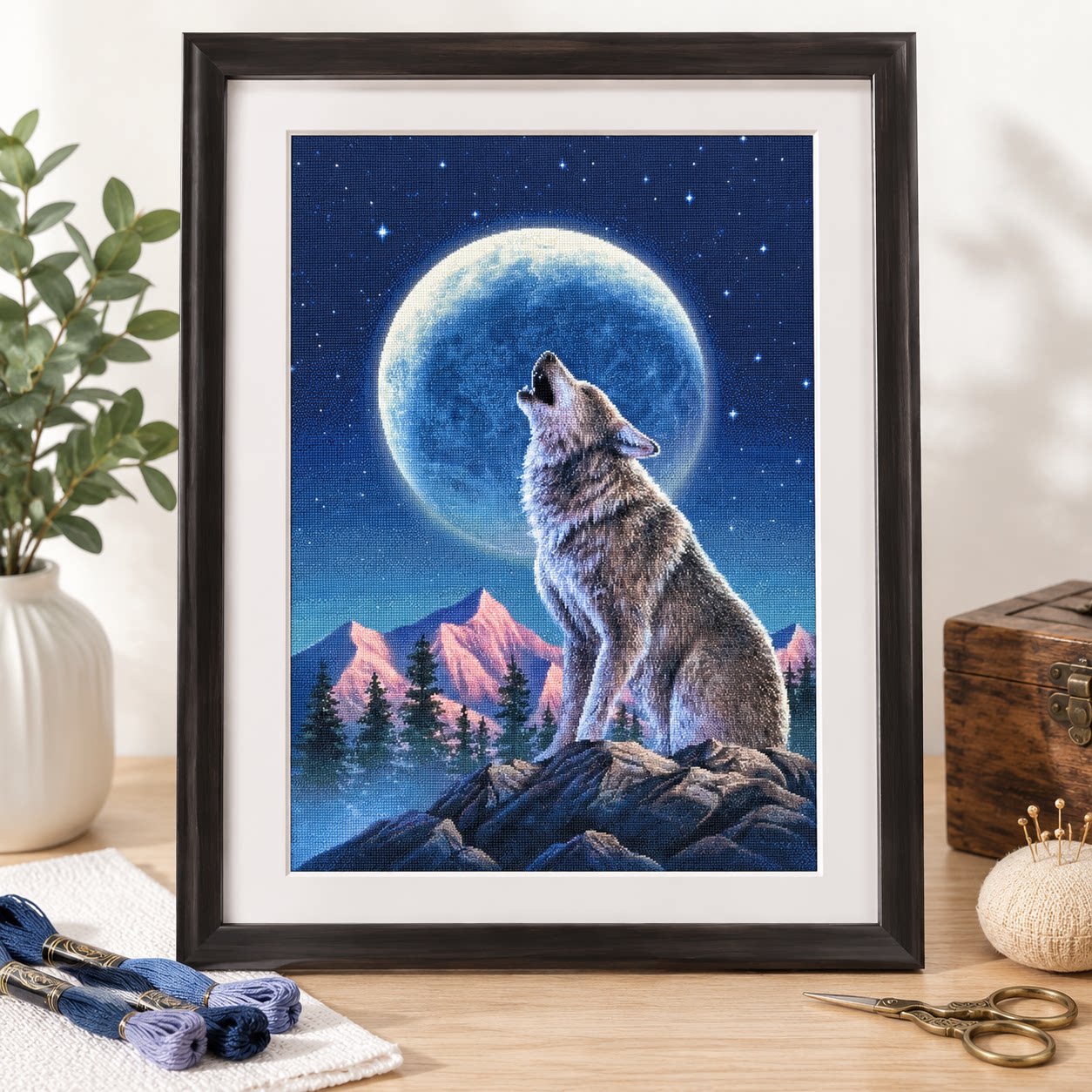 Cross Stitch Stamped Kits Beginners - [ZZ9252-ذئب وحيد تحت ضوء القمر] مجموعة